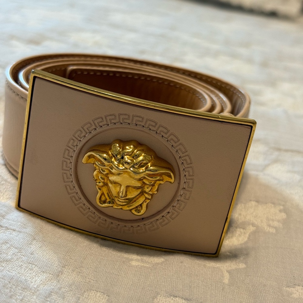 Versace Tan Belt with Gold Medusa Emblem